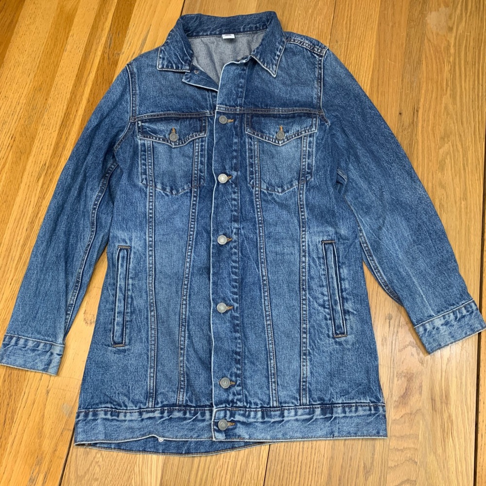&Denim‎ Womens Medium Wash Blue Longline Denim Trucker Jacket Size 8 Cotton